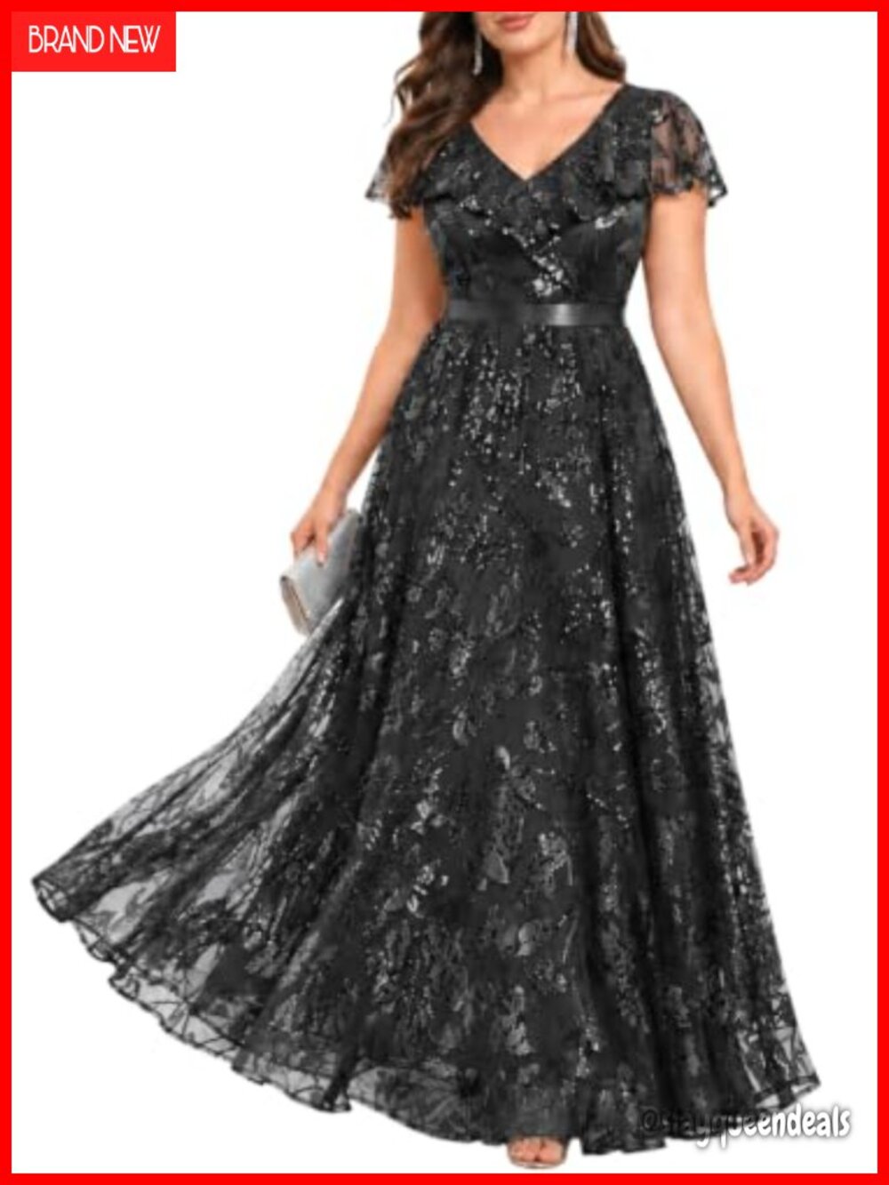 Plus Size Sequin Formal Evening Gown V-Neck Flutter Sleeve Maxi Dress